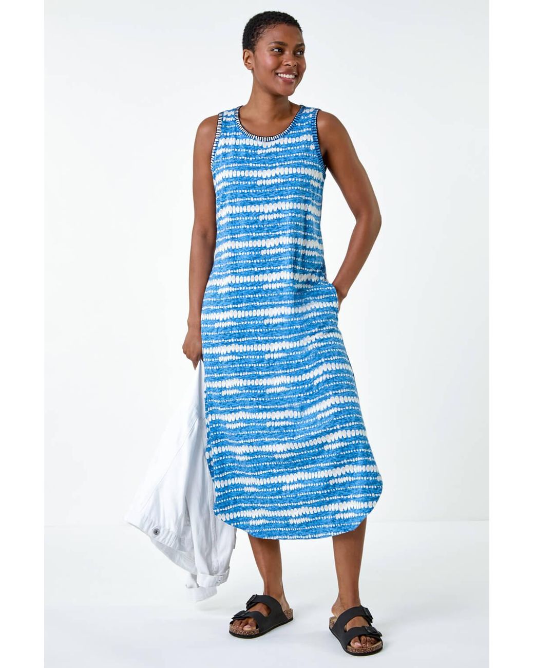 Roman Blue Tie Dye Contrast Stitch Stretch Midi Dress
