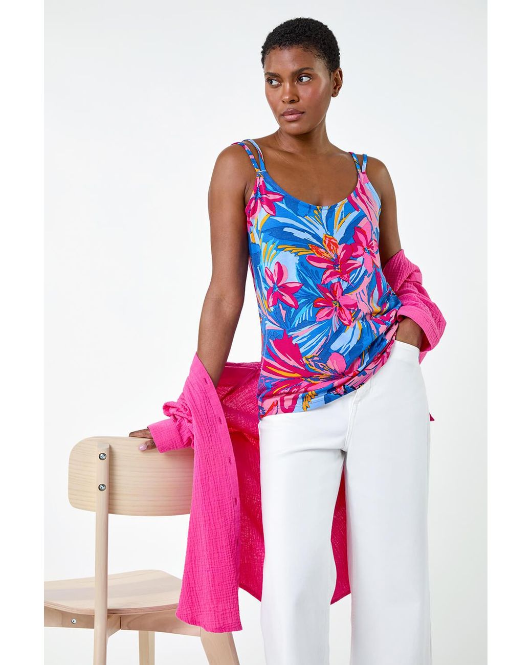 Roman Red Tropical Floral V-Neck Strap Detail Cami Top