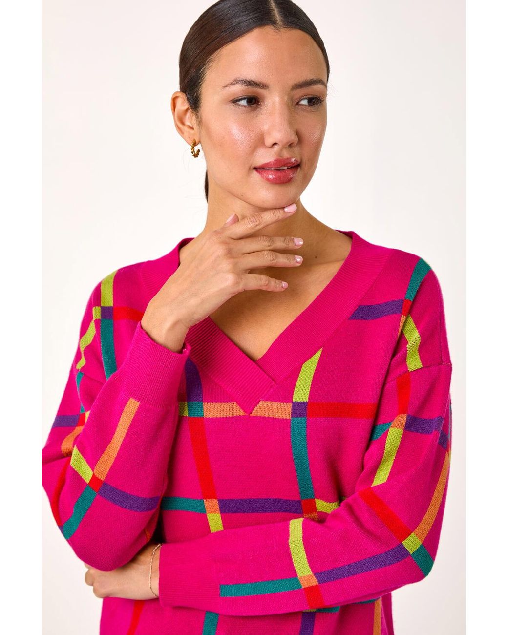 Roman Pink Grid Pattern V-Neck Knit Jumper