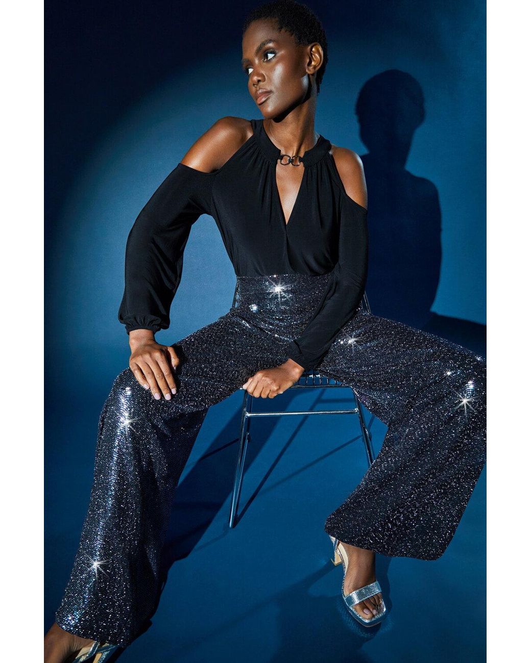 Roman Blue Wide Leg Sequin Stretch Trousers