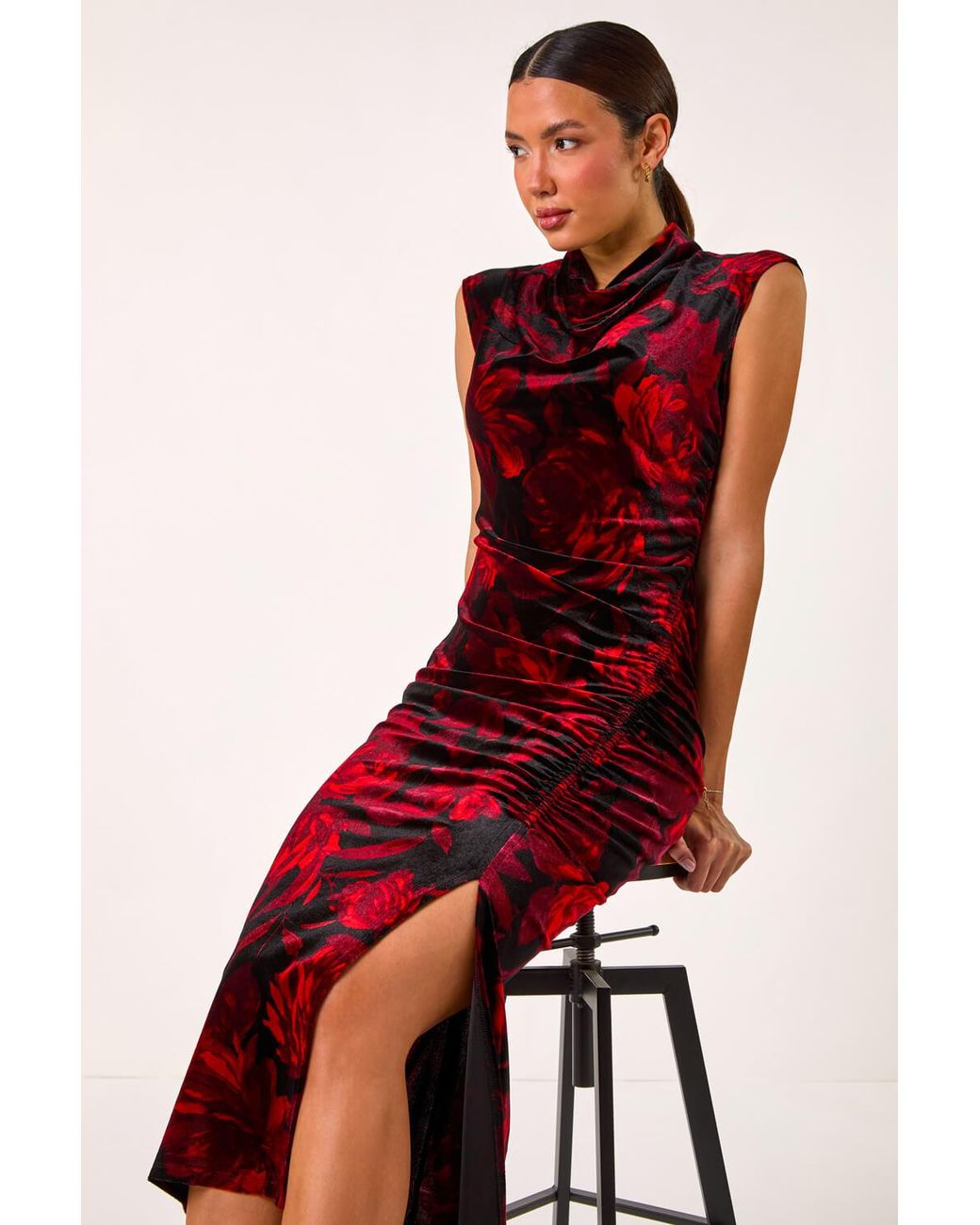 Roman Red Velvet Rose Print Side Ruched Midi Dress