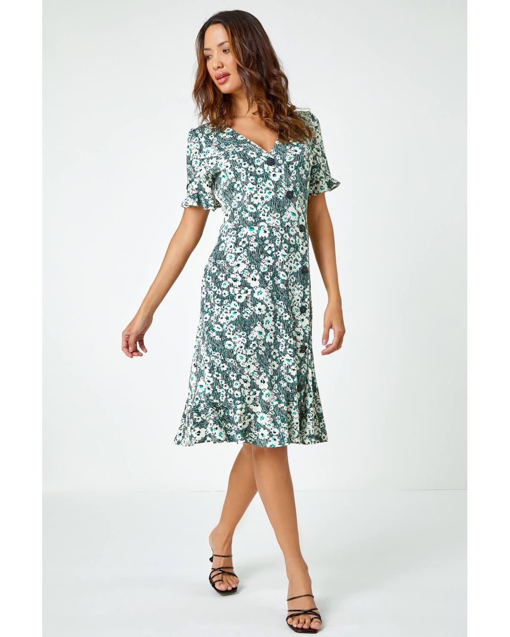 Roman Blue Stretch Floral Print Button Tea Dress