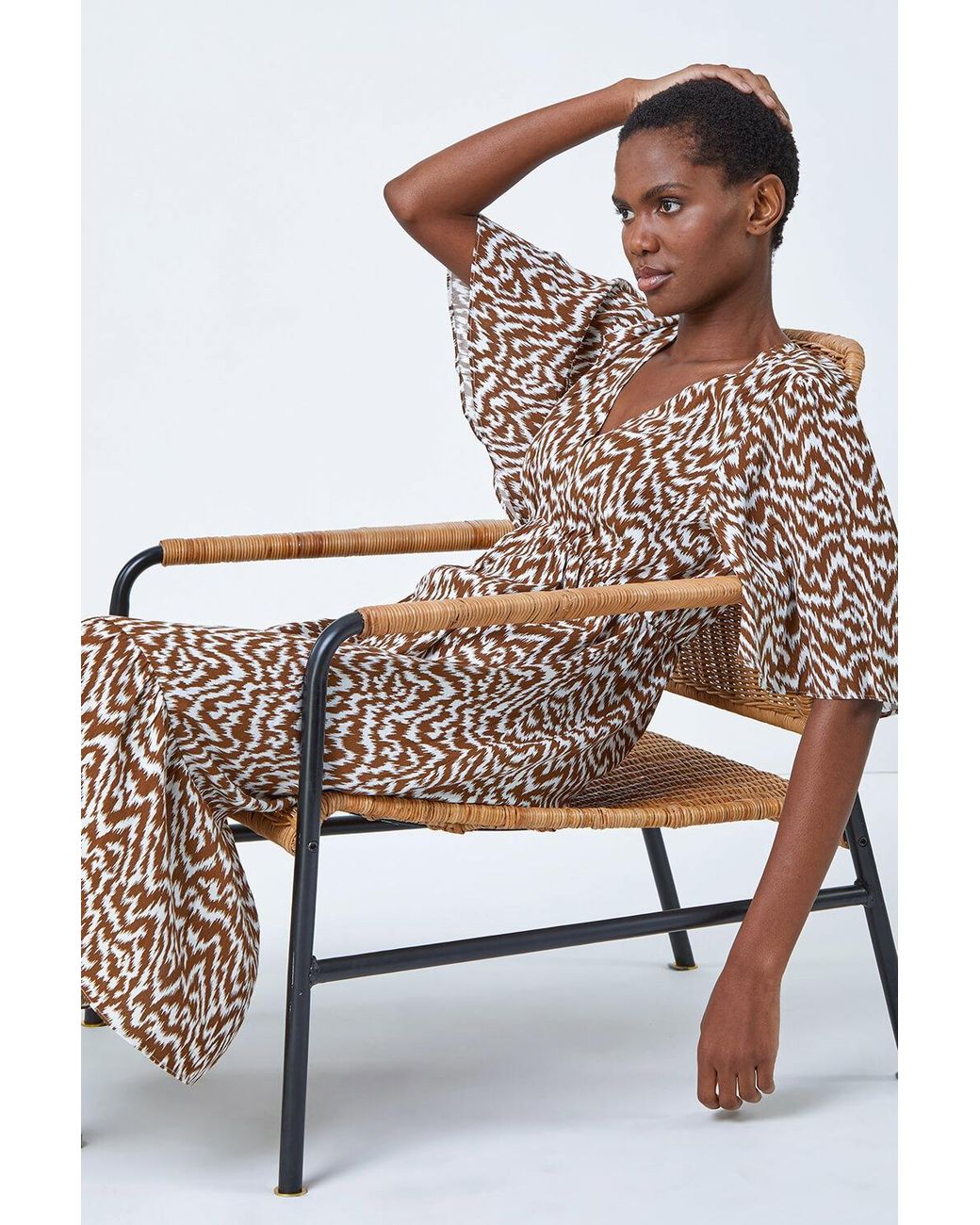 Roman Brown Zig Zag Print Tiered Hem Midi Dress