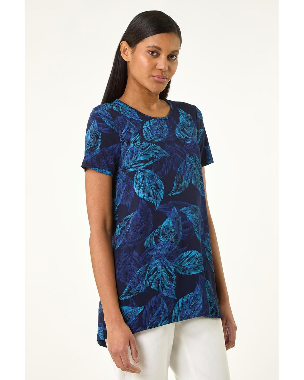 Roman Blue Leaf Print Stretch Tunic Top