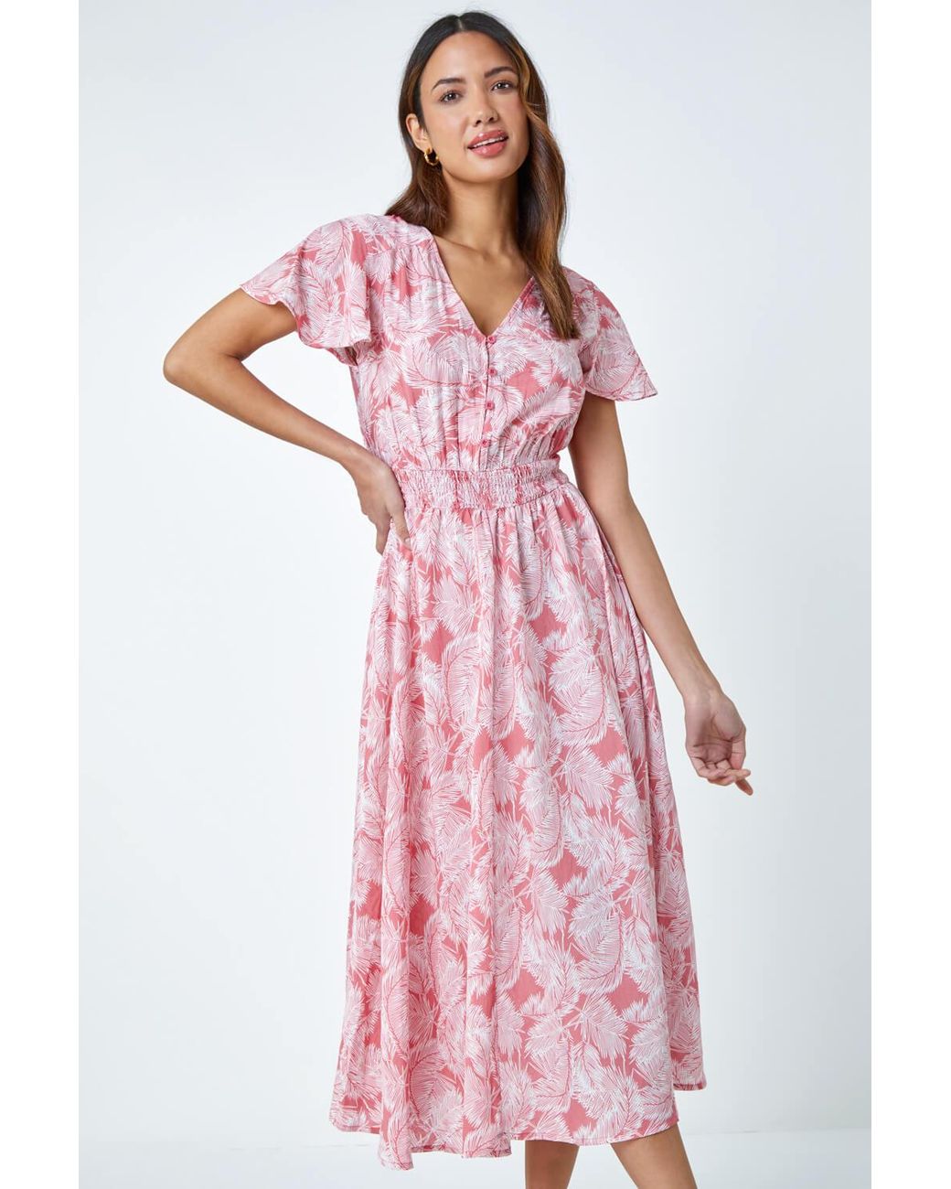 Roman Palm Print Tiered Midi Dress