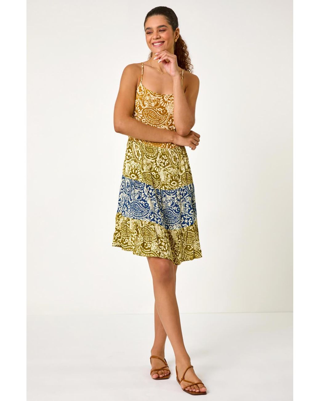 Roman Yellow Patchwork Paisley Print Tiered Dress