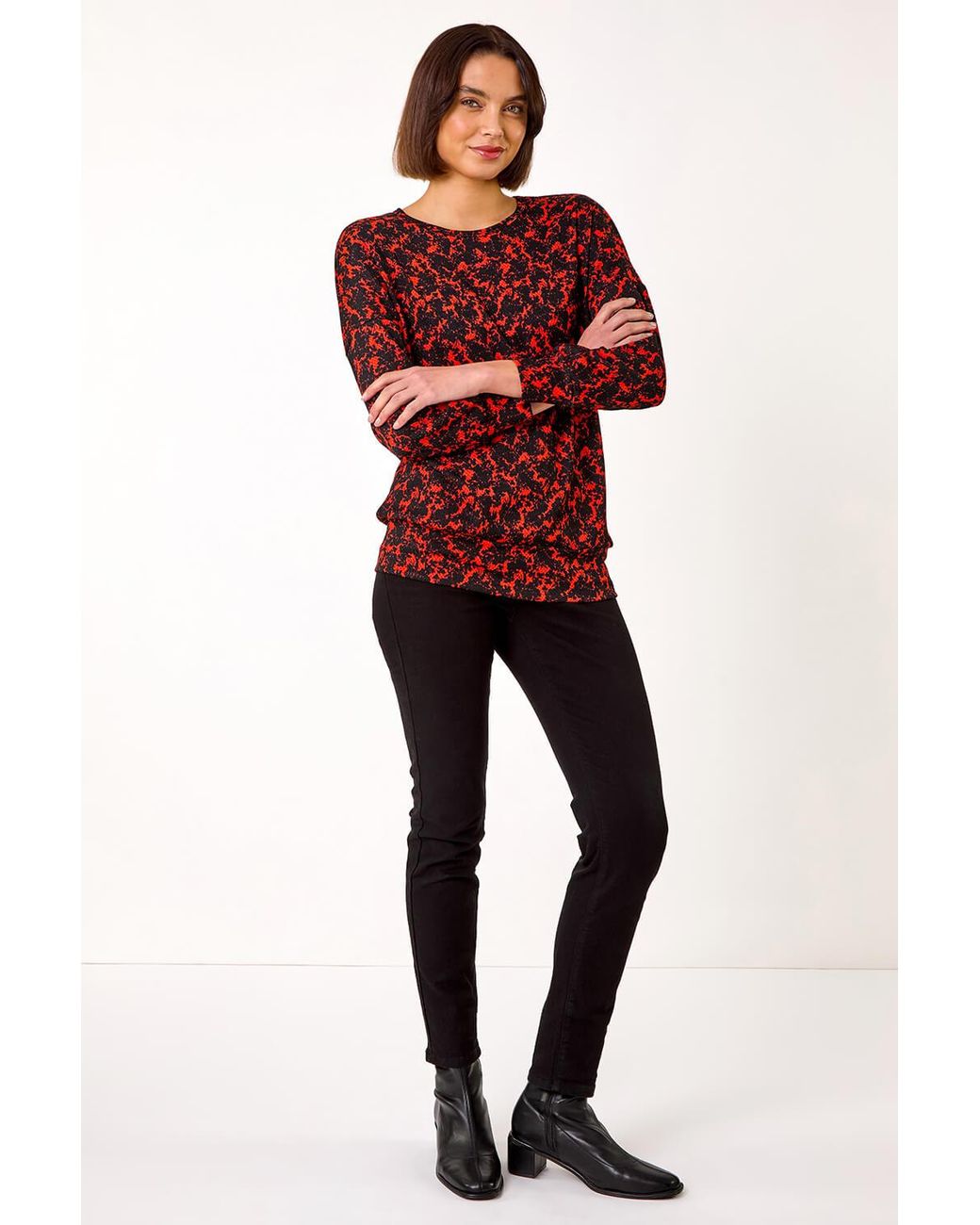 Roman Red Abstract Print Stretch Tunic Top