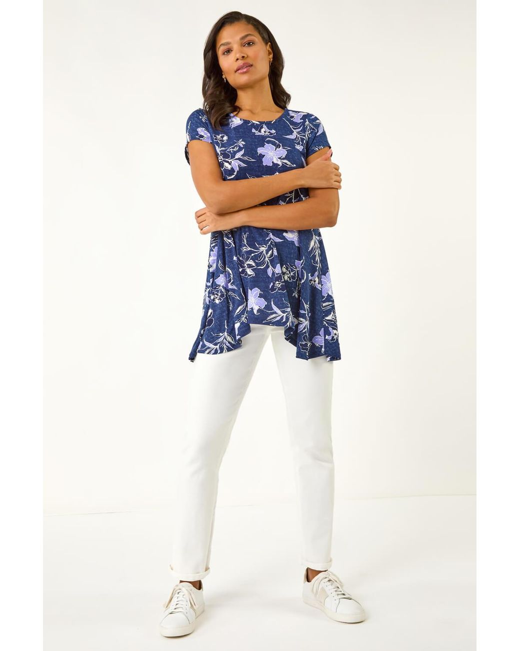 Roman Blue Textured Floral Print Tunic Top