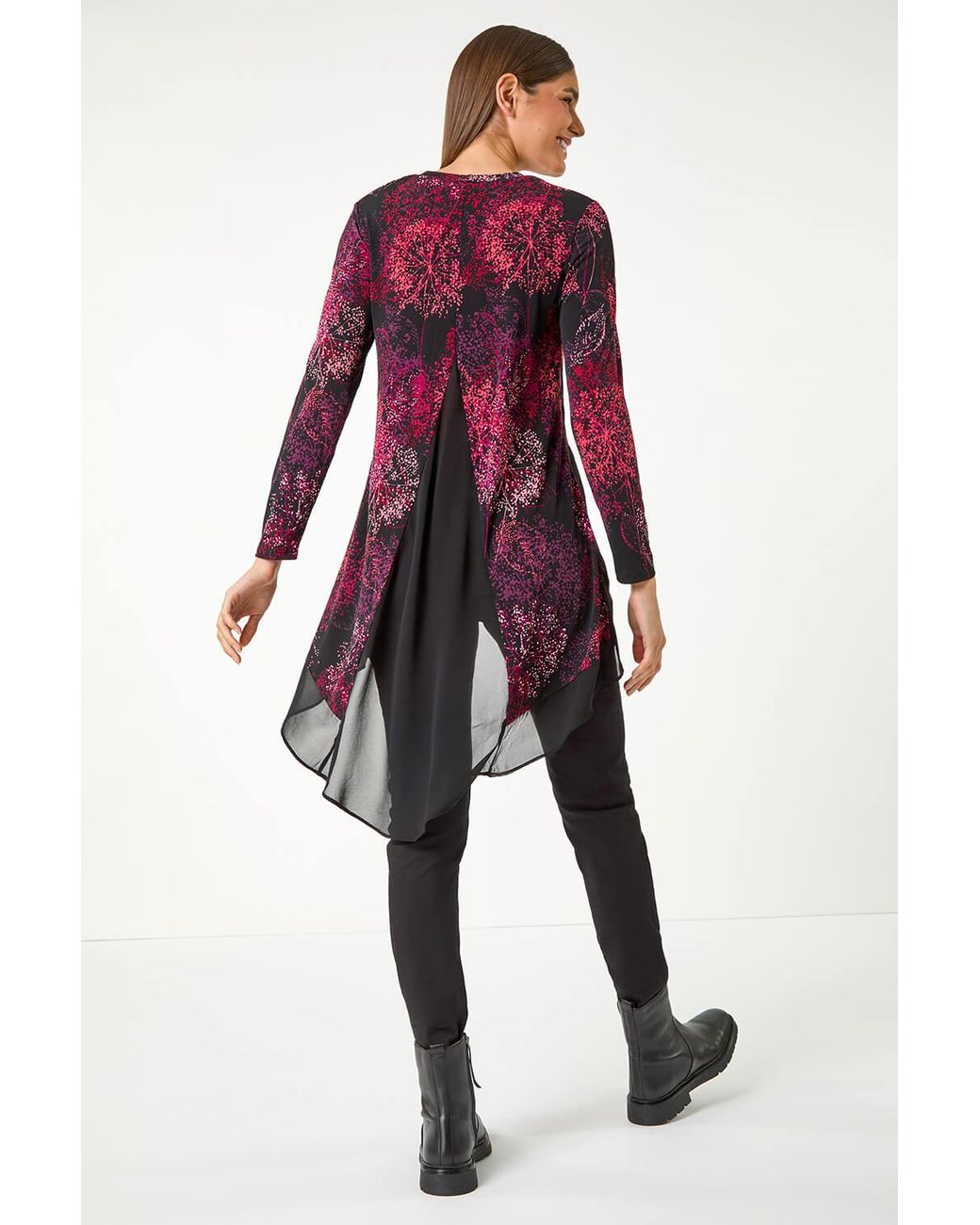 Roman Red Foliage Puff Print Chiffon Hem Top