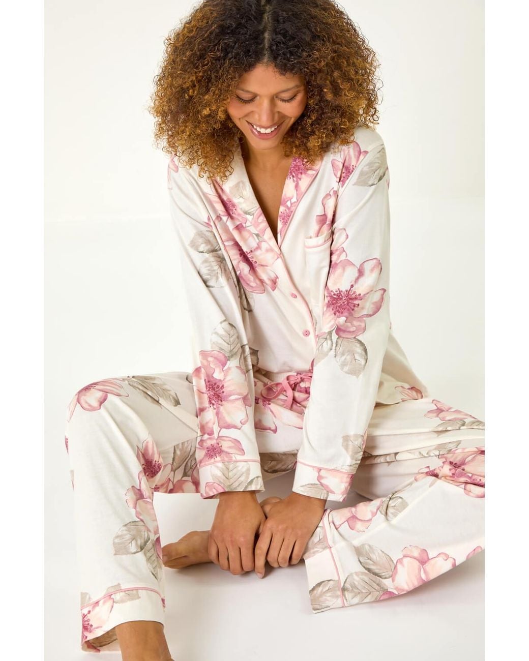 Roman Pink Floral Print Revere Pyjama Set