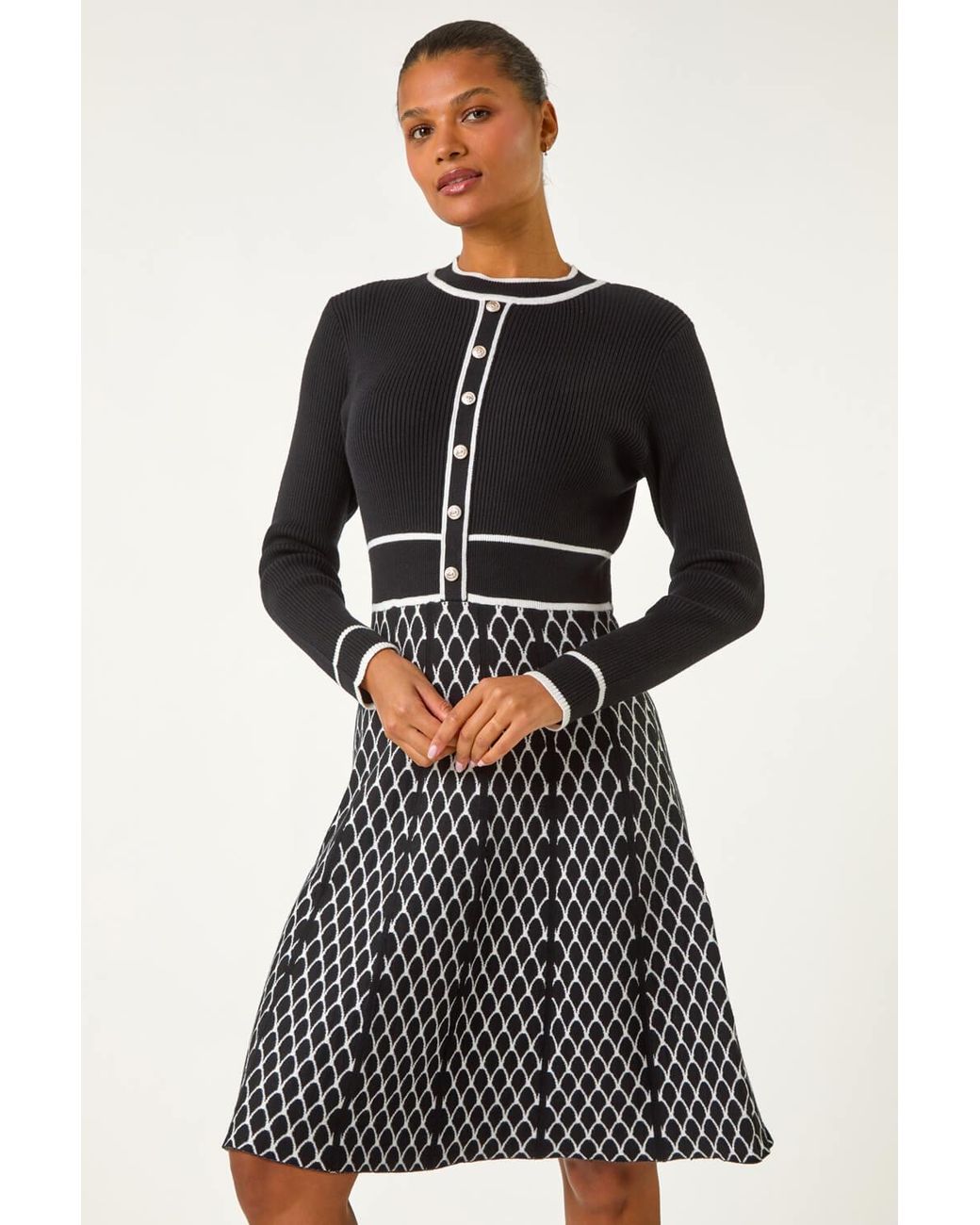 Roman Black Button Detail Knitted Midi Dress