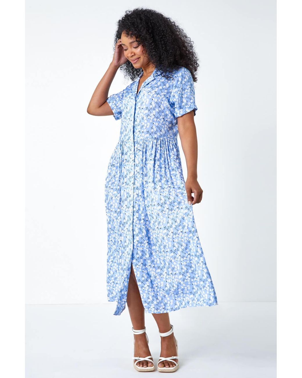 Roman Petite Blue Spot Print Midi Tea Dress