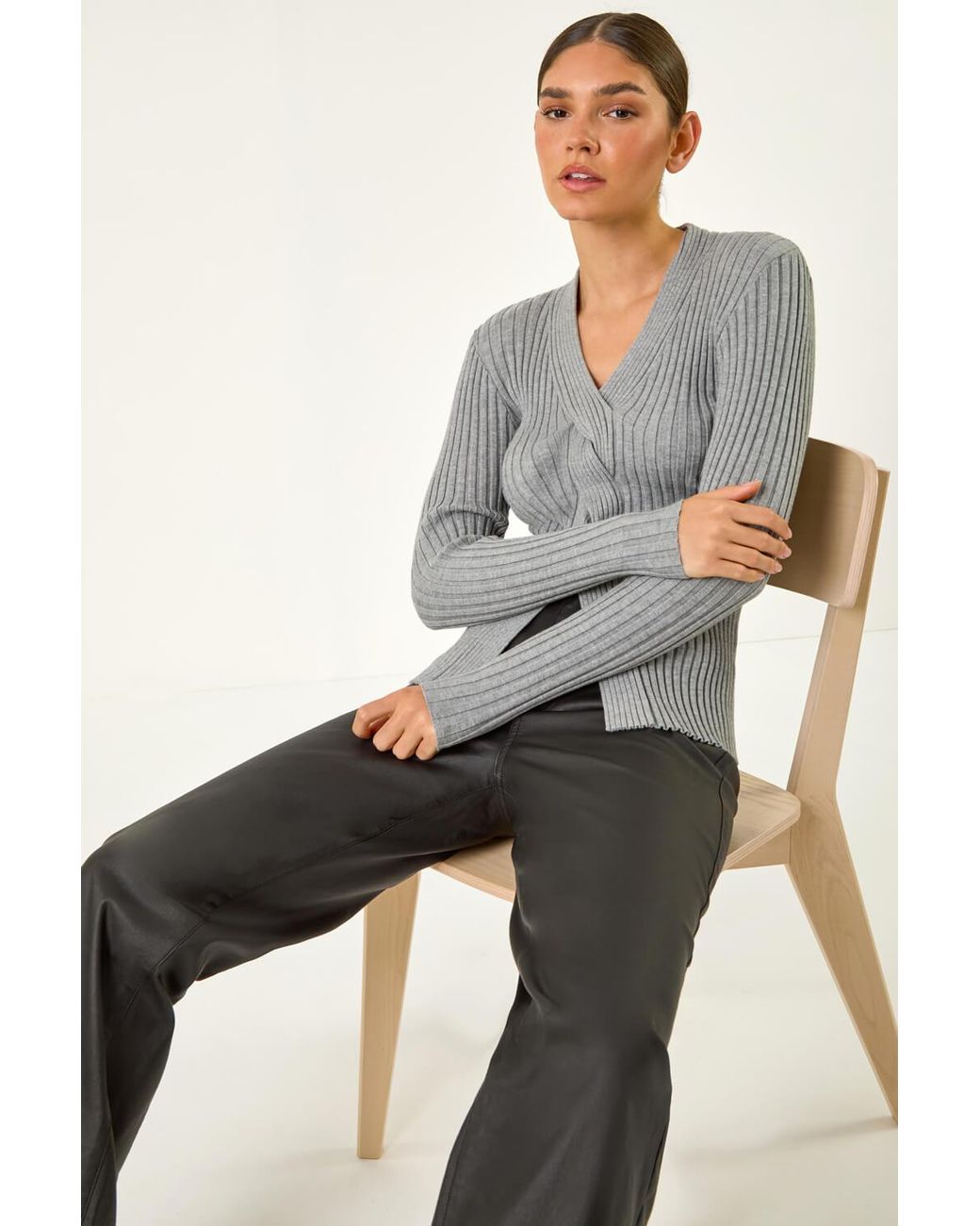 Roman Gray Cable Split Detail Rib Jumper