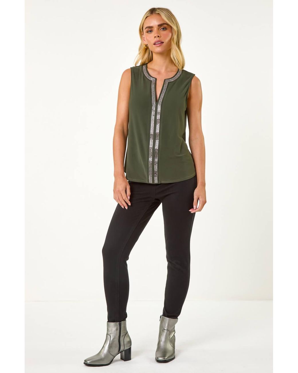 Roman Petite Green Stretch Sparkle Trim Top
