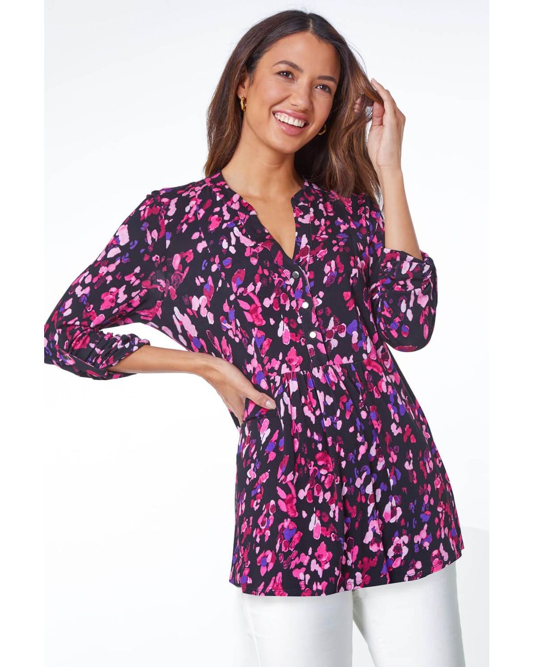 Roman Purple Abstract Animal Longline V-Neck Tunic Top