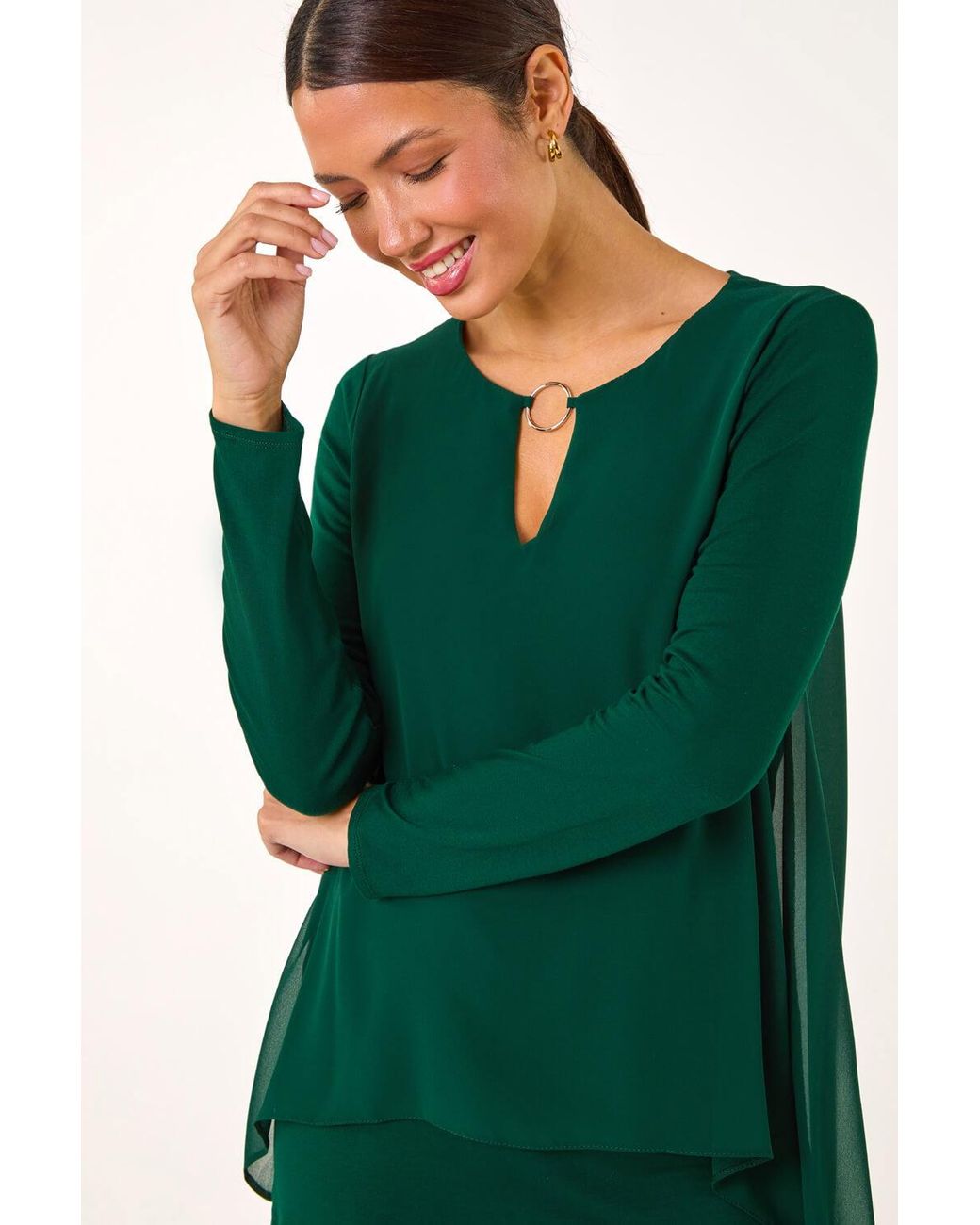Roman Green Ring Front Chiffon Overlay Tunic Top