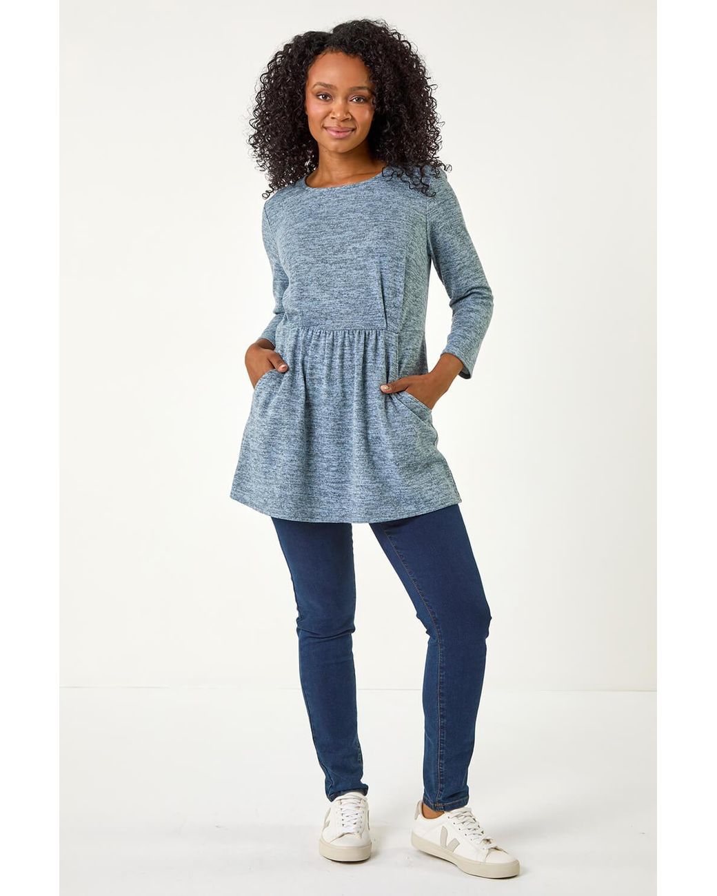 Roman Petite Blue Brushed Knit Pocket Detail Top