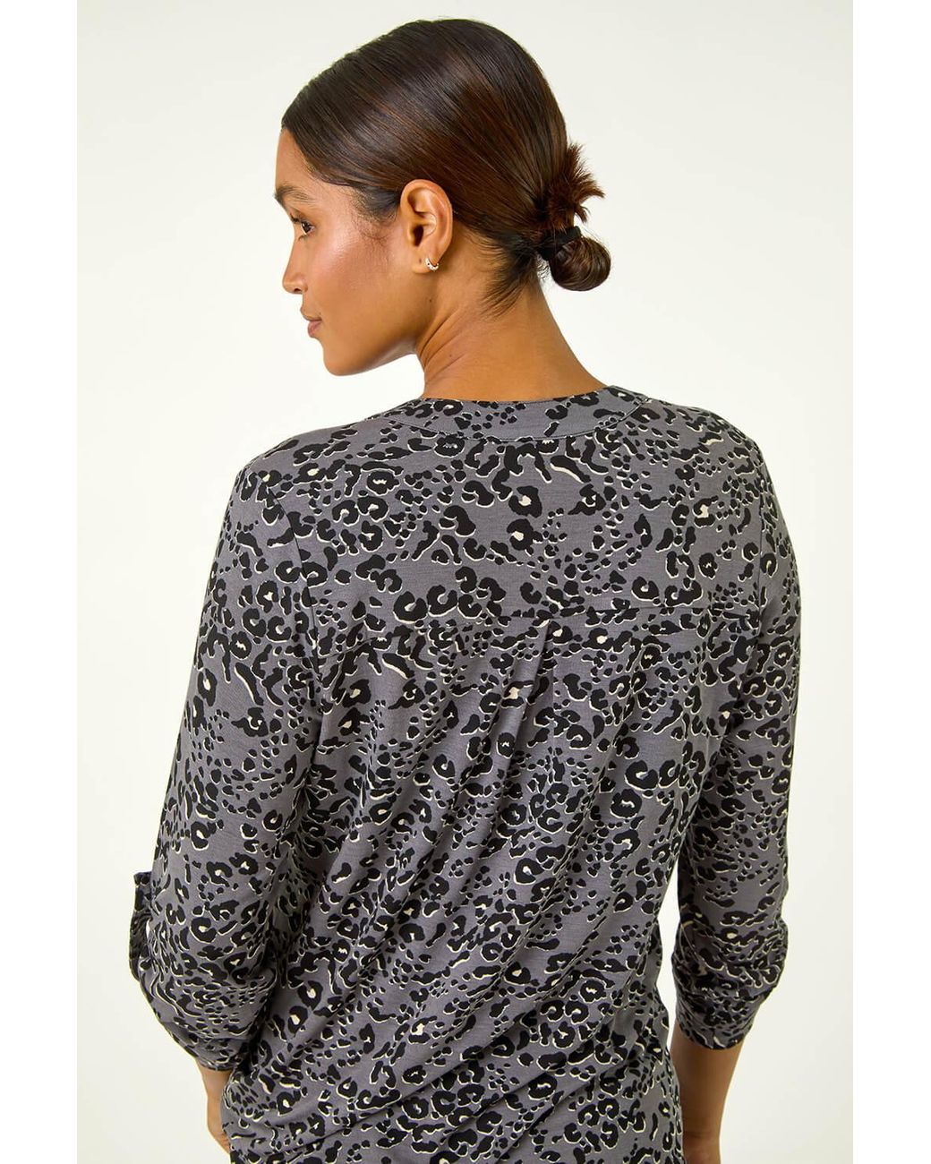 Roman Gray Animal Print Stretch Blouse