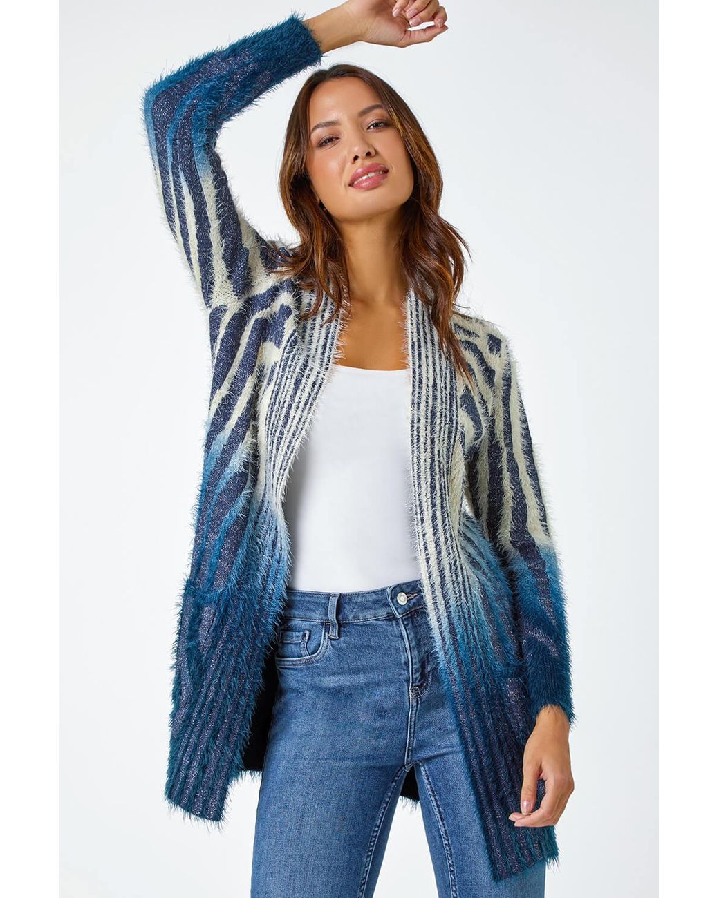 Roman Blue Metallic Zebra Print Fluffy Cardigan