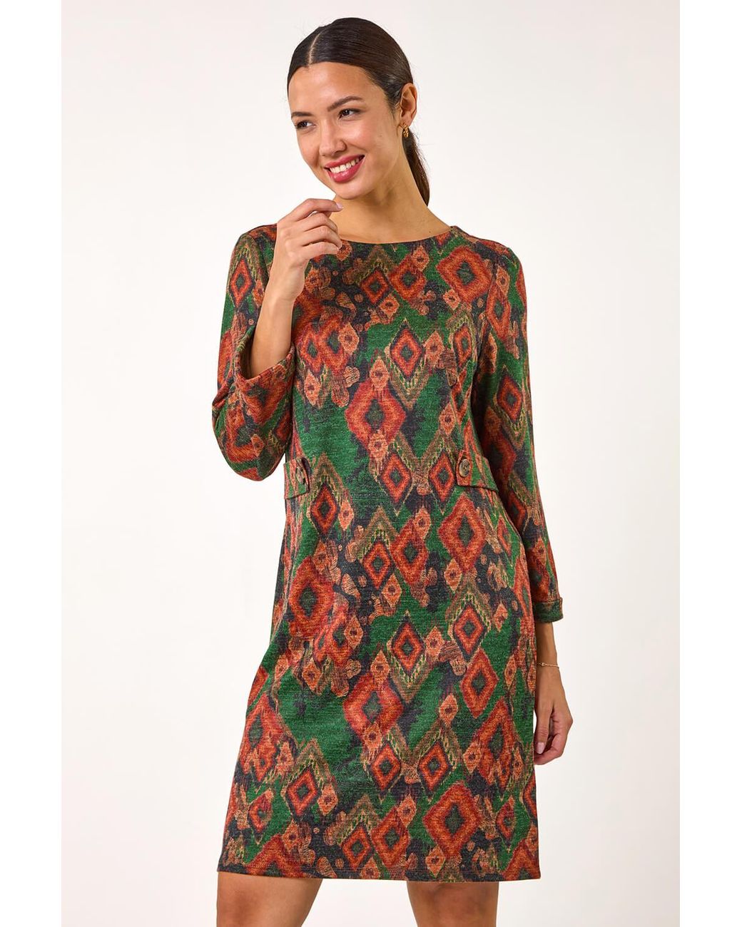 Roman Natural Aztec Print Tab Detail Stretch Shift Dress