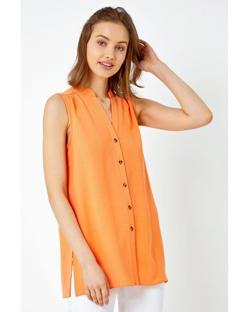 Roman Orange Sleeveless Button Through Blouse