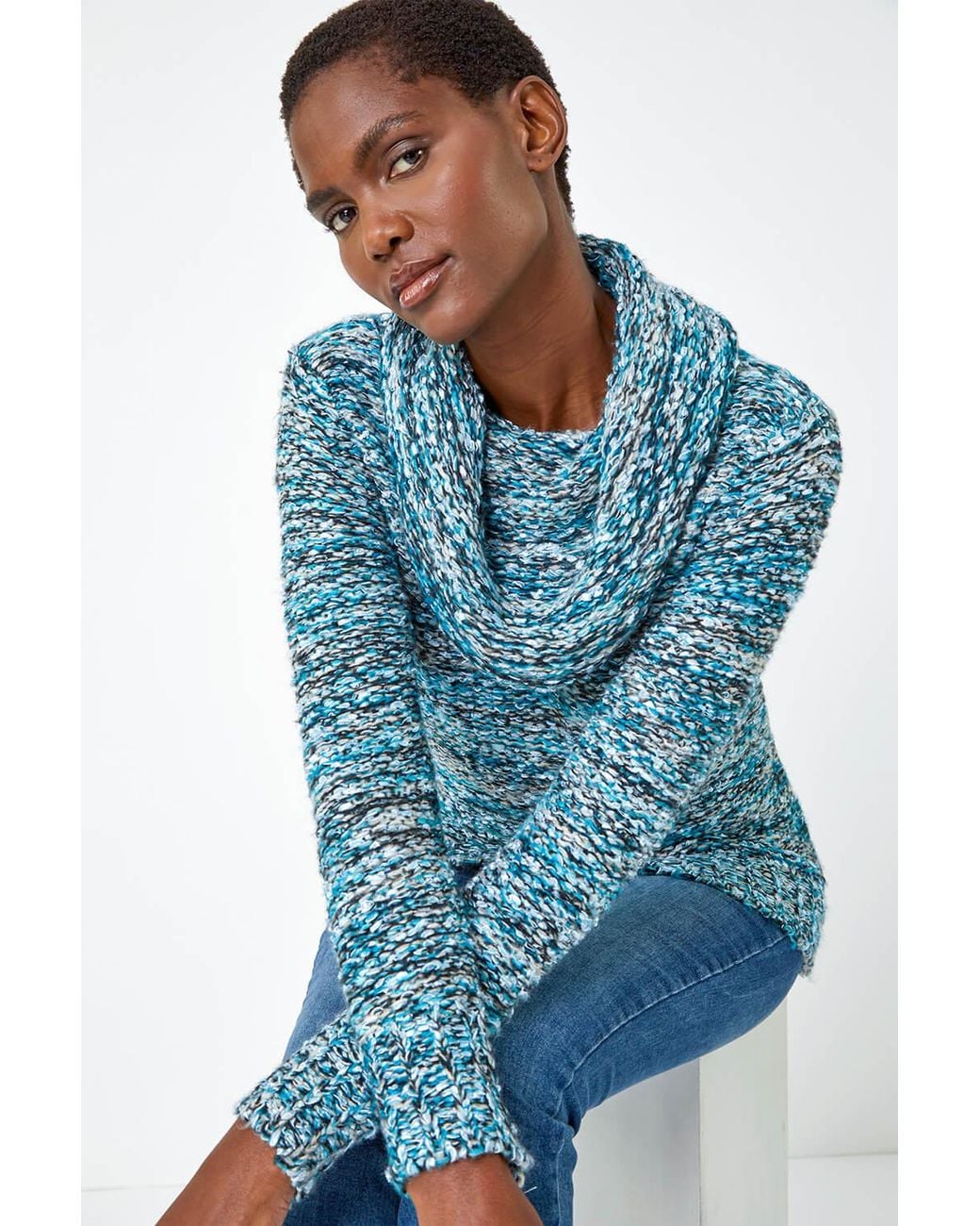 Roman Blue Cowl Neck Tape Yarn Jumper