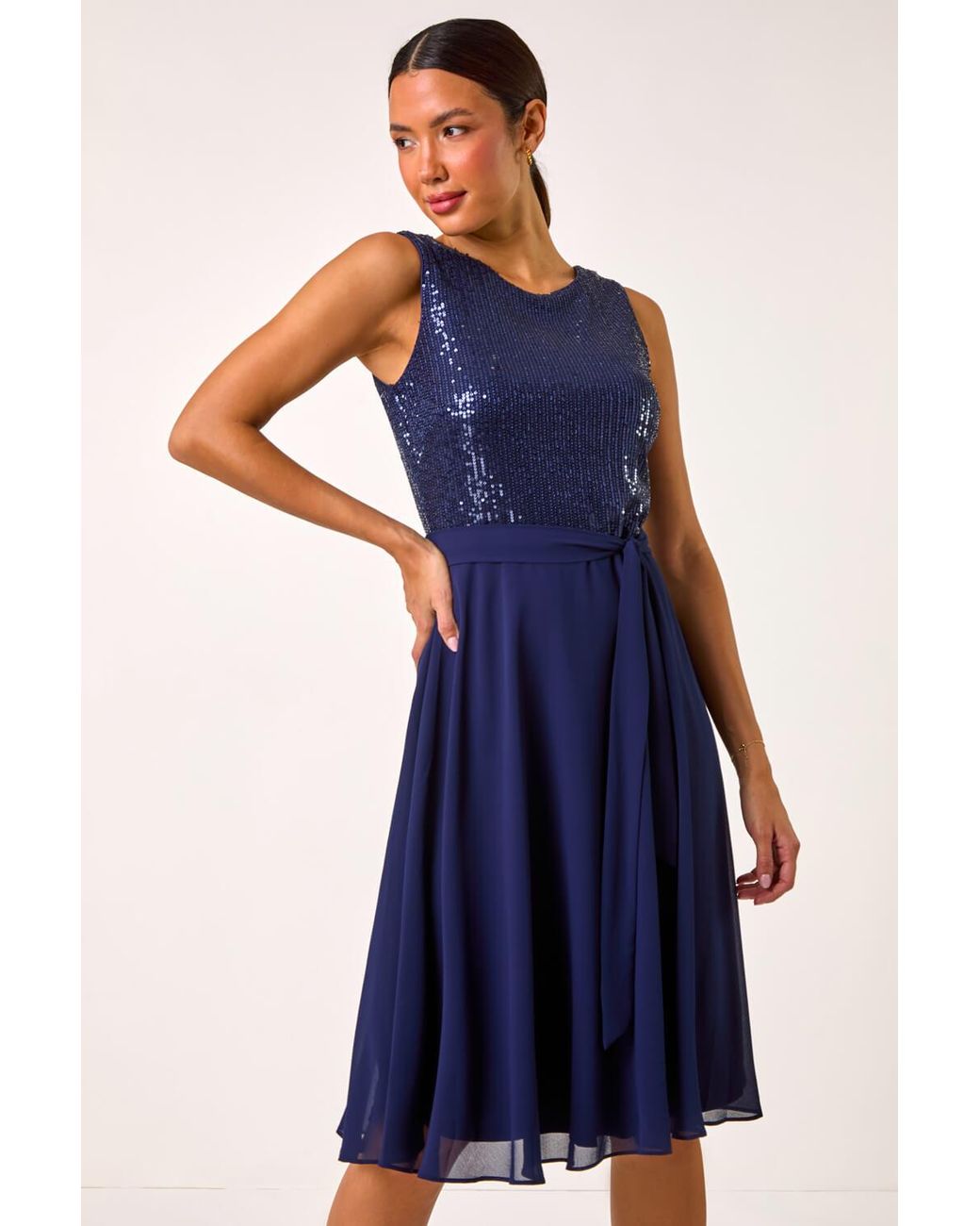 Roman Blue Sequin Bodice Betlted Chiffon Dress