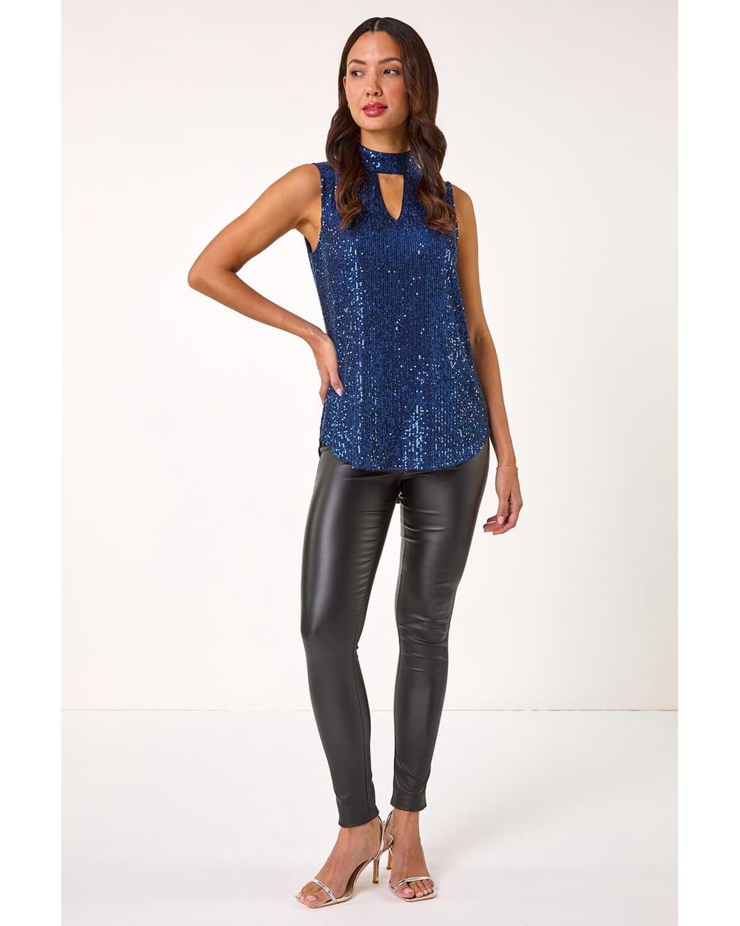 Roman Blue Sequin High Neck Keyhole Top