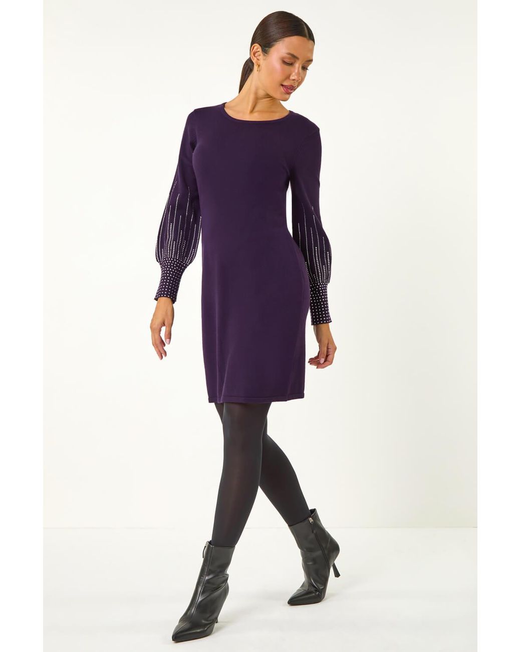 Roman Blue Studded Knit Fit & Flare Dress