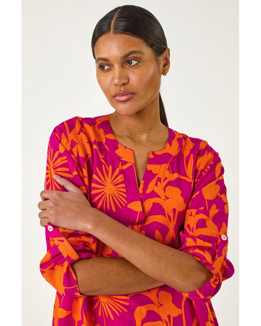 Roman Red Floral Wrap Hem Tunic Top
