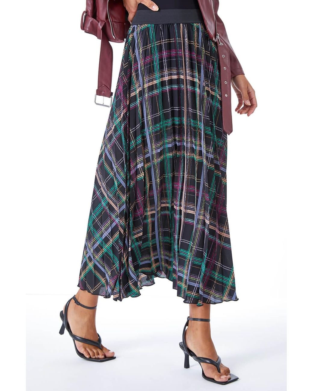 Roman Black Check Print Pleated Skirt