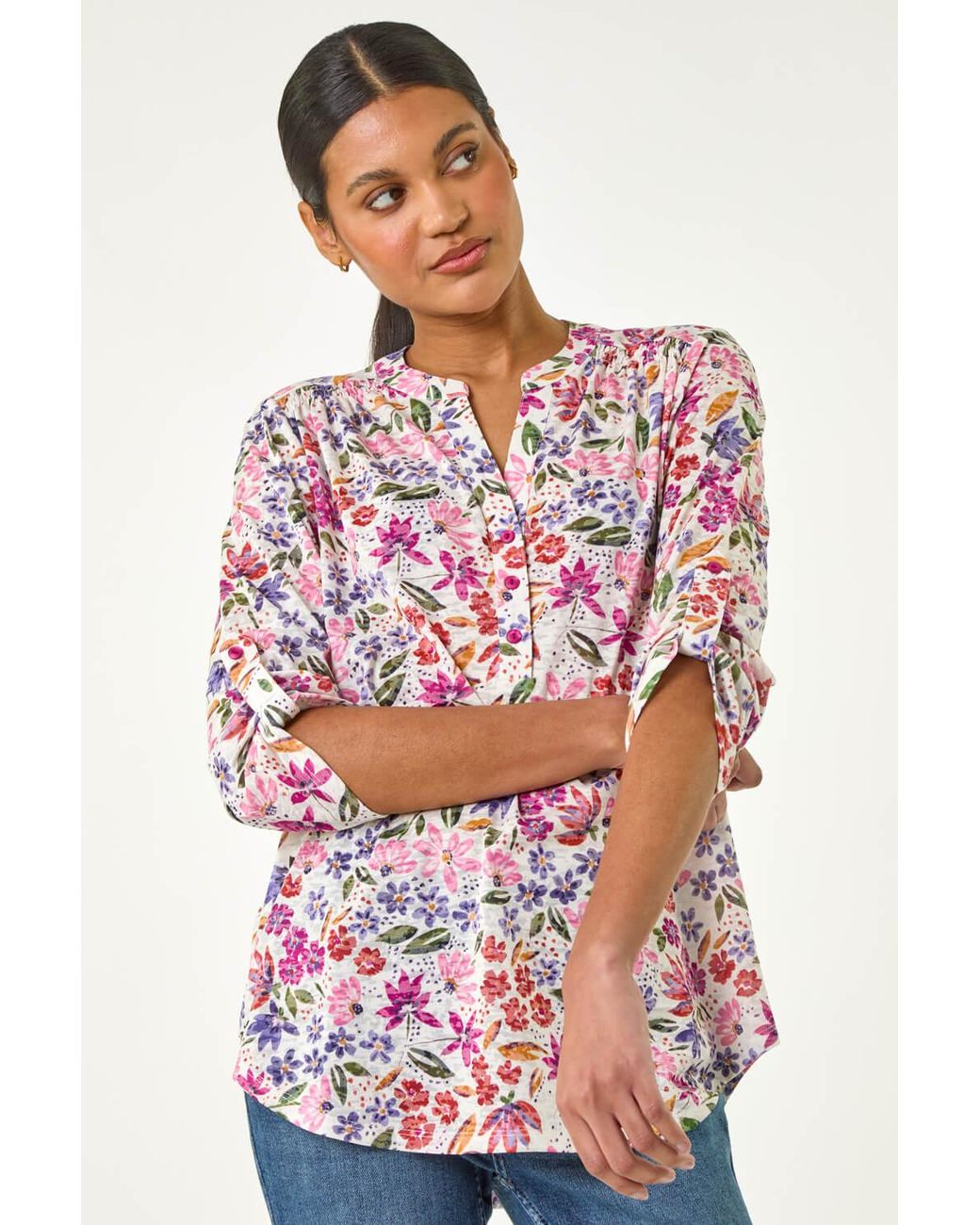 Roman Red Floral Print Burnout V-Neck Top