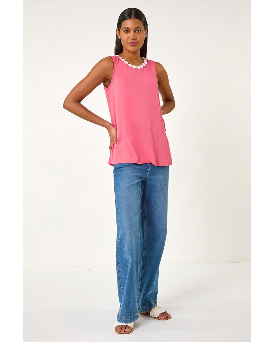 Roman Pink Daisy Neck Trim Vest Top