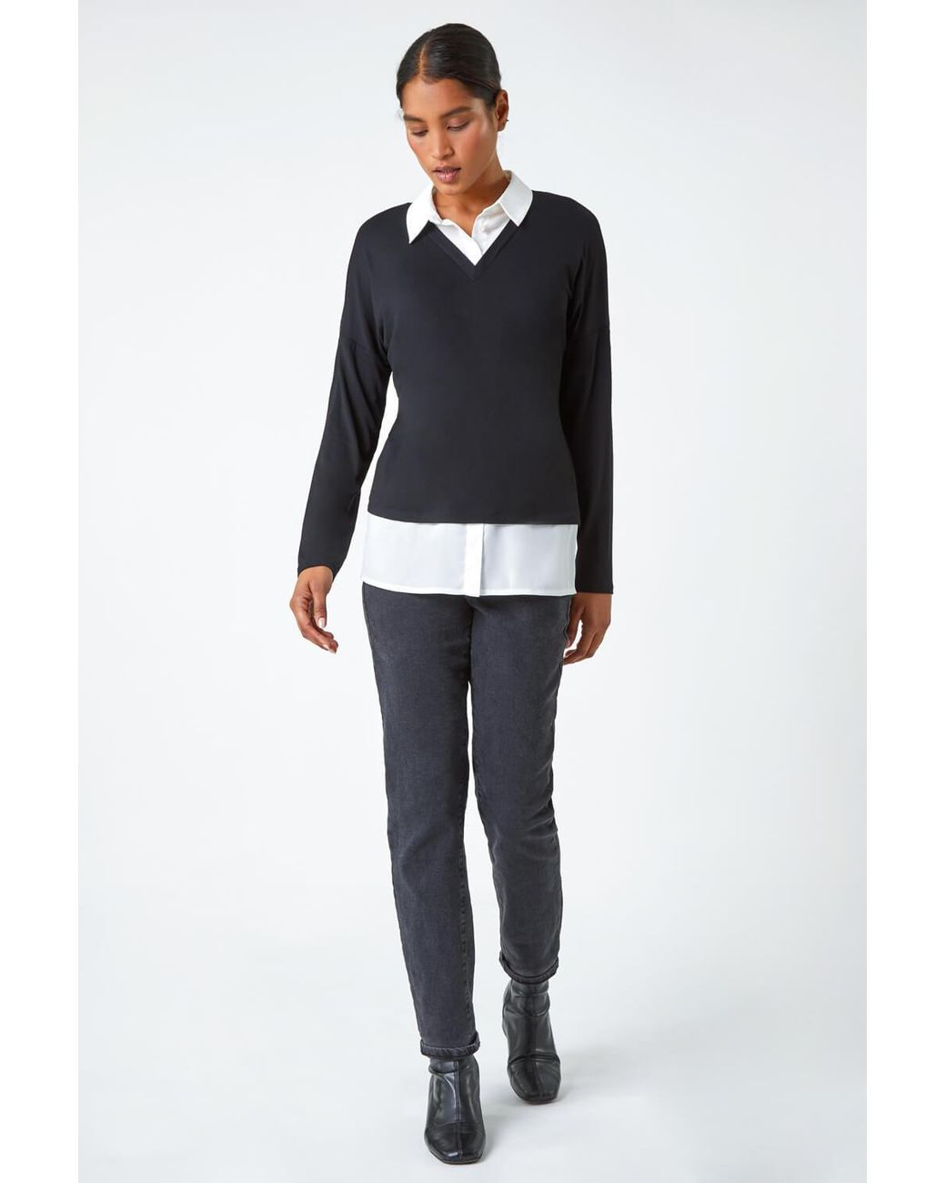 Roman Black Shirt Collar Stretch Top