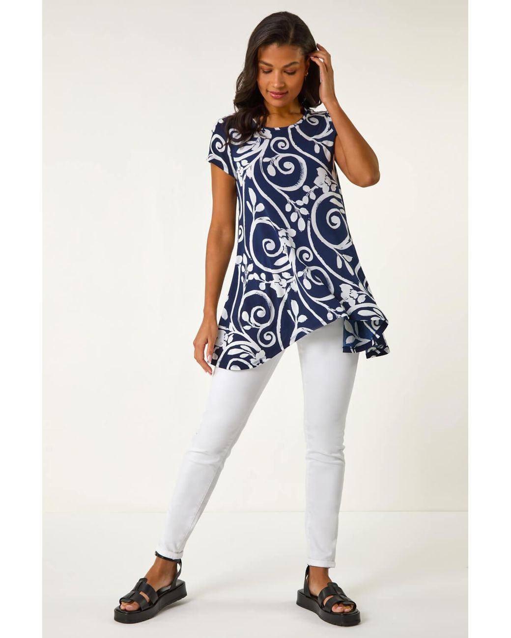 Roman Blue Floral Print Hanky Hem Tunic Top