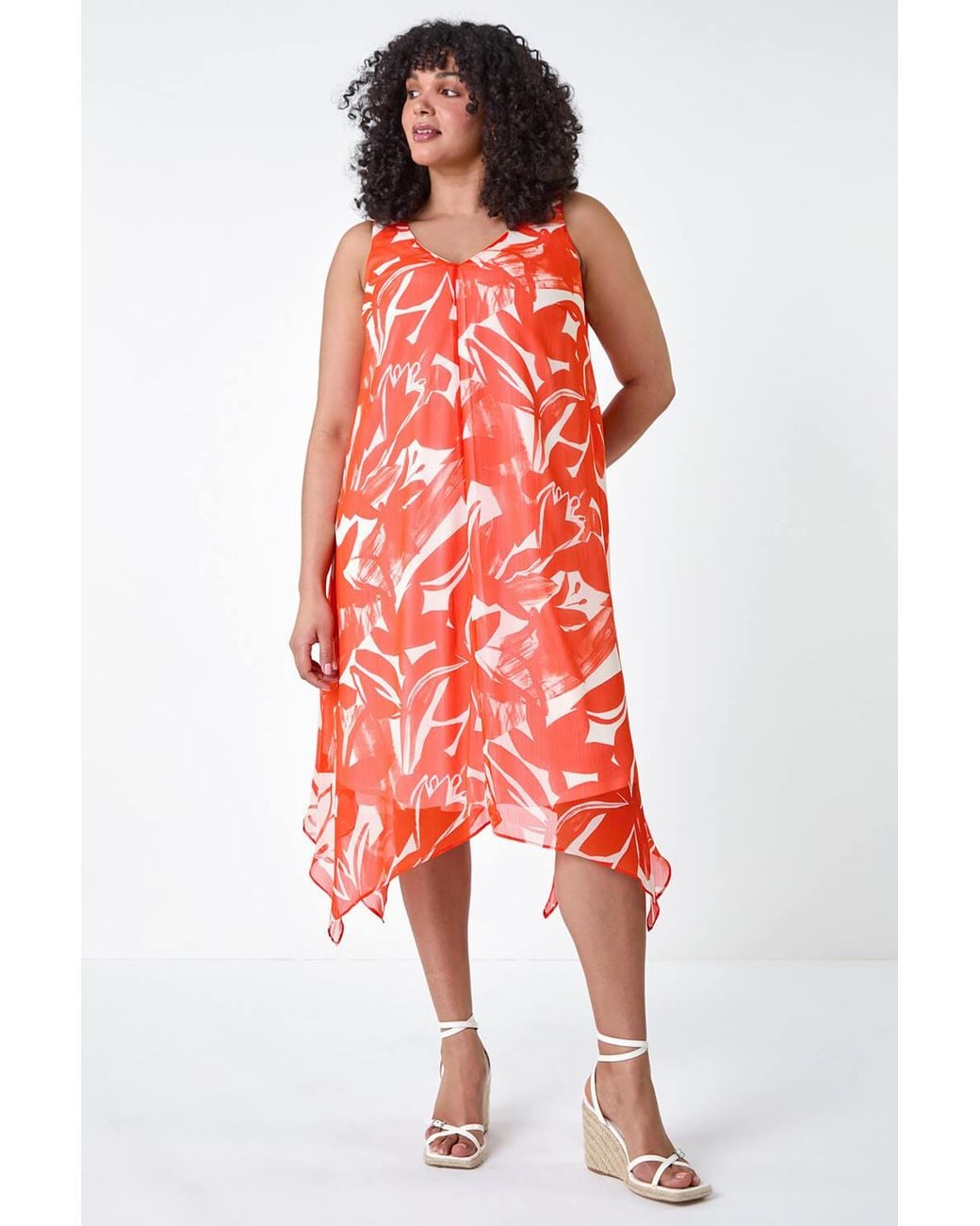 Roman Curve Red Abstract Print Chiffon Dress