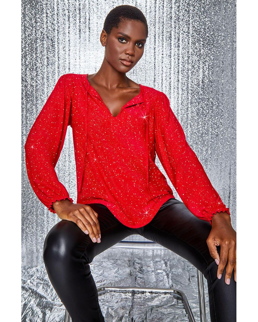 Roman Red Tie Neck Glitter Stretch Top