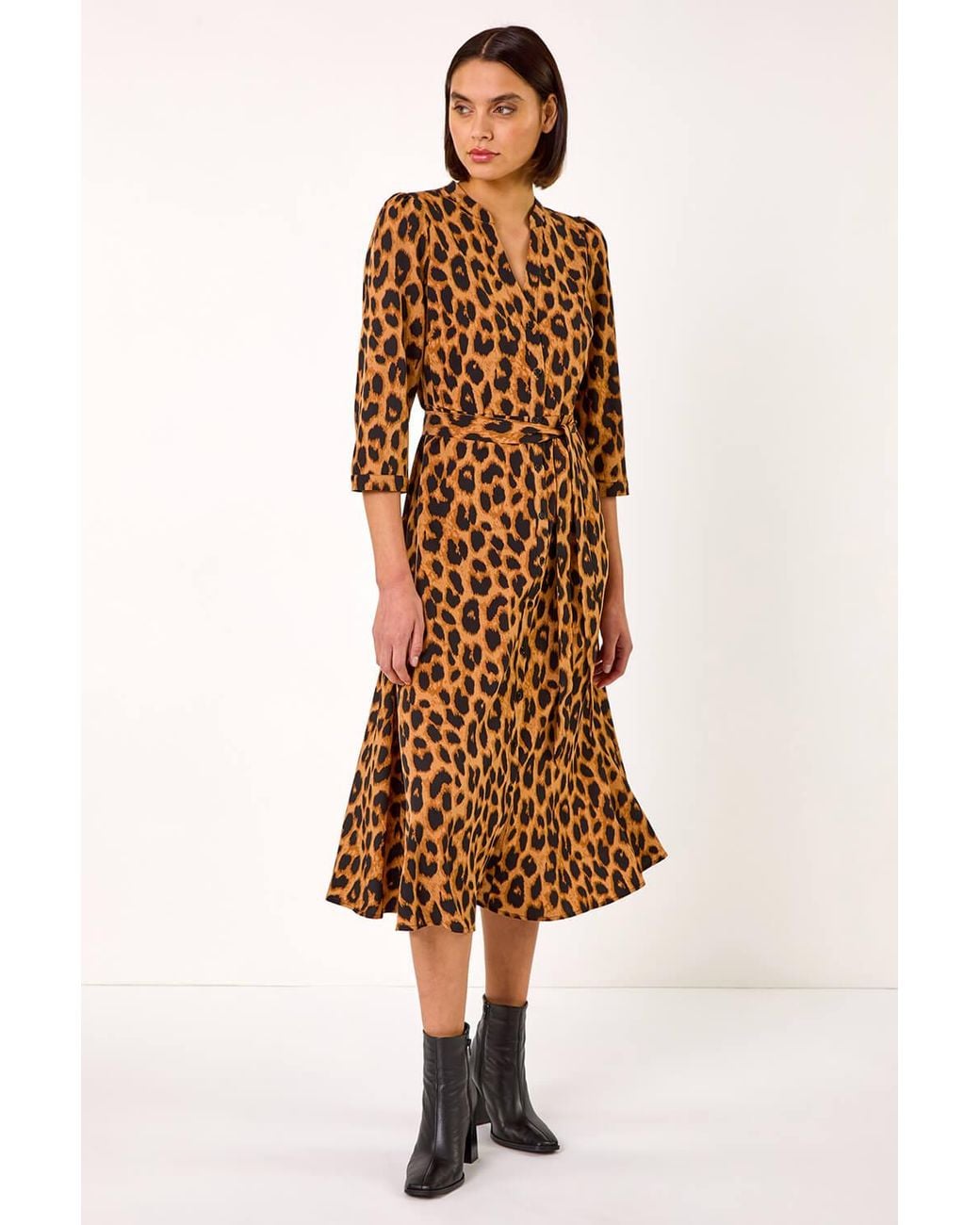 Roman Brown Animal Print Stretch Midi Shirt Dress