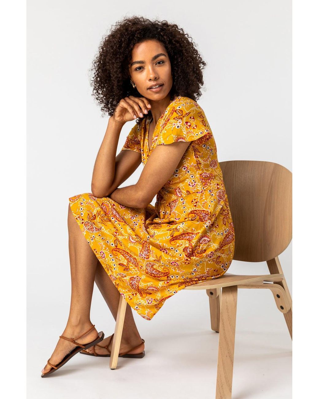 Roman Yellow Paisley Print Twist Knot Dress