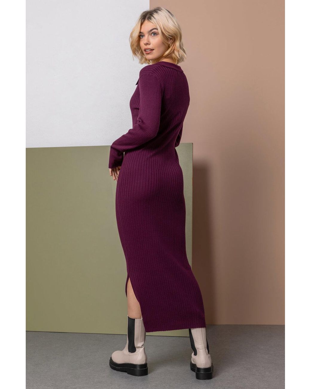 D.u.s.k Purple Ribbed Knit Collar Midi Dress