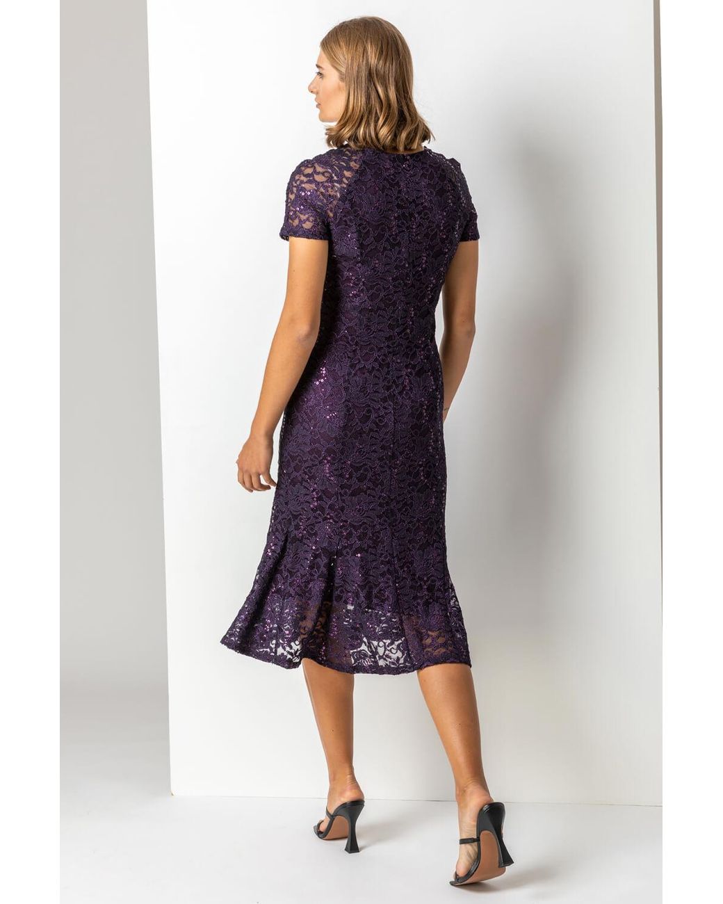 Roman Purple Metallic Lace Sequin Midi Dress