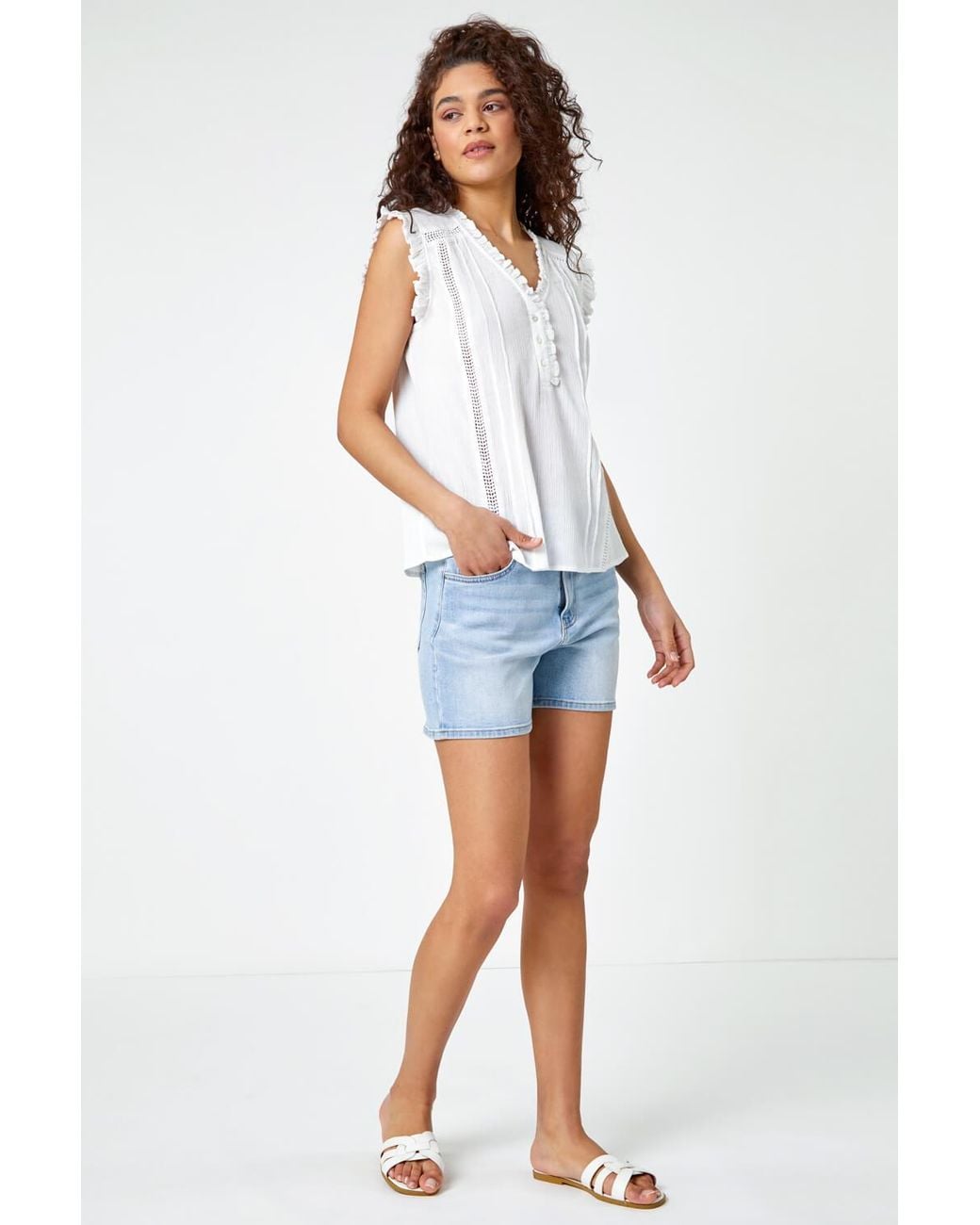 Roman White Ruffle Detail Cotton Crinkle Top