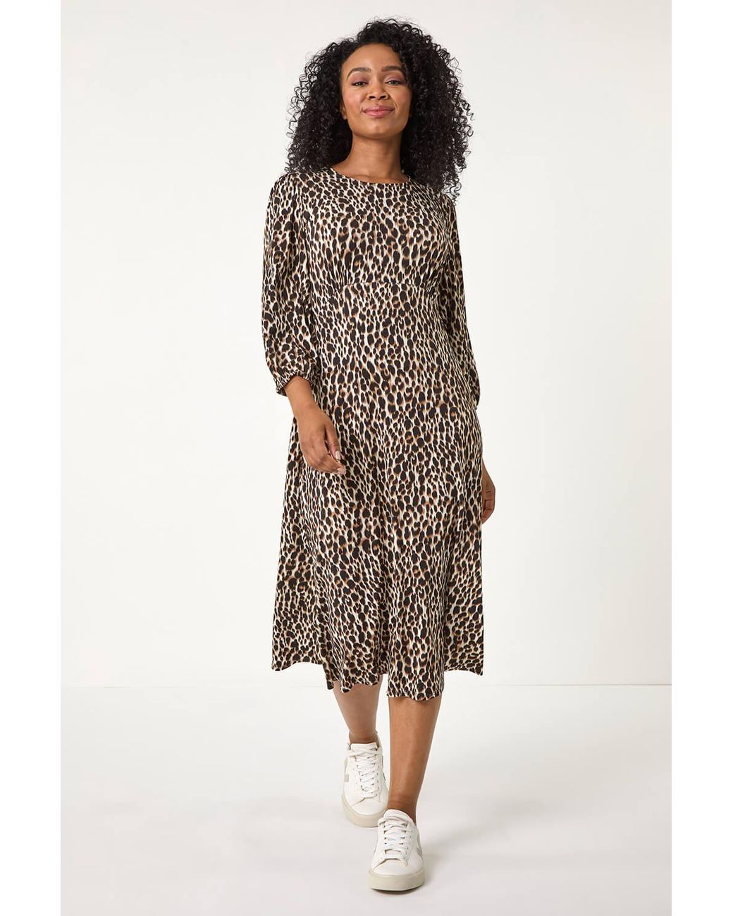 Roman Petite Brown Animal Print Stretch Midi Dress