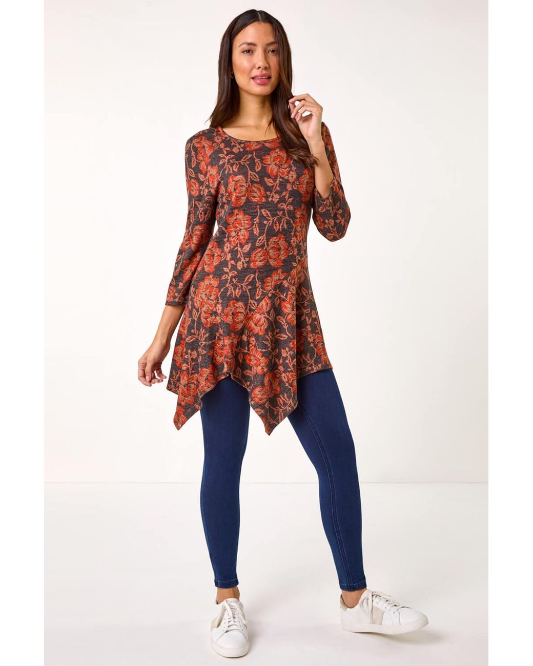 Roman Red Floral Print Hanky Hem Tunic Top