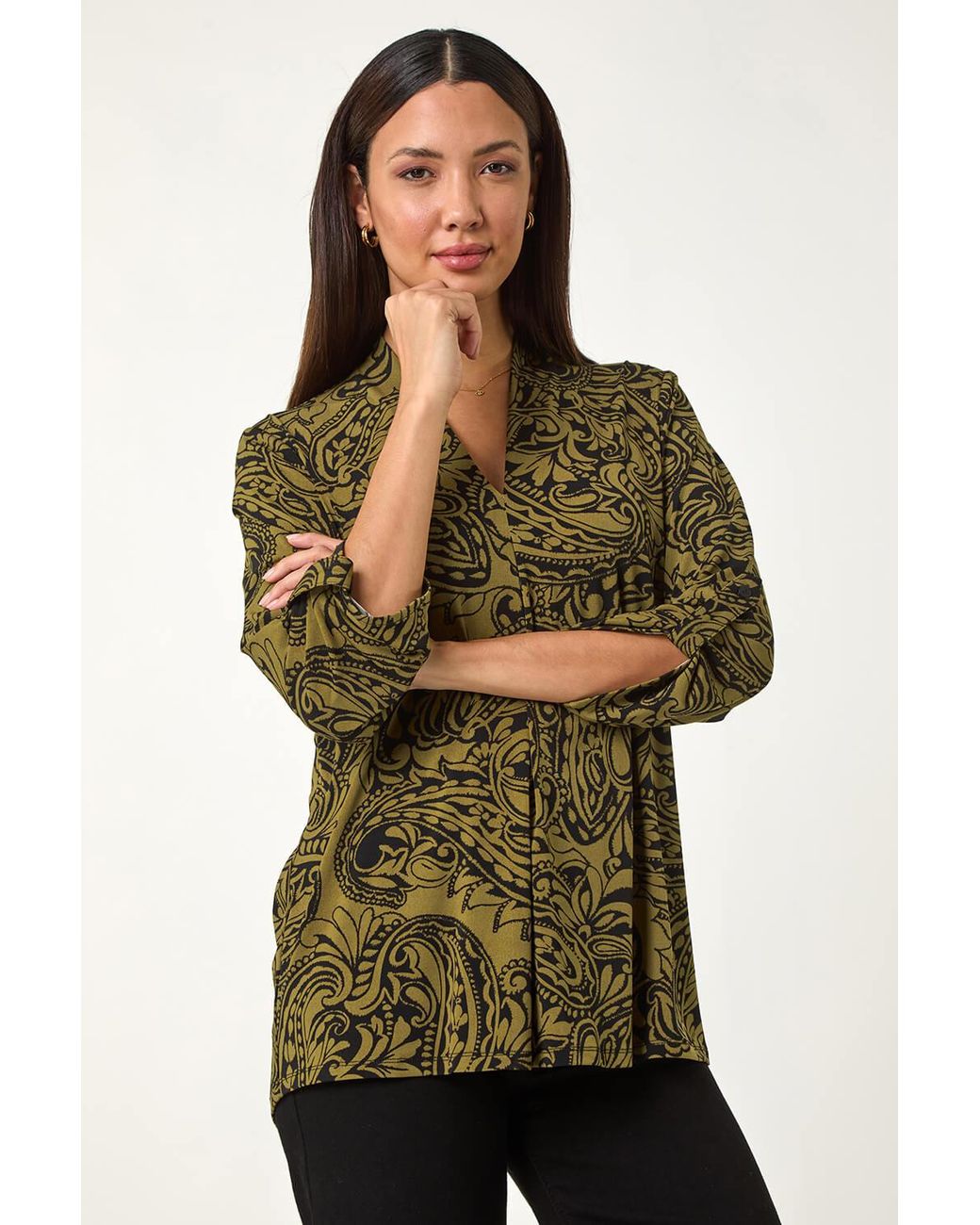 Roman Green Paisley Print Pleat V-Neck Stretch Top