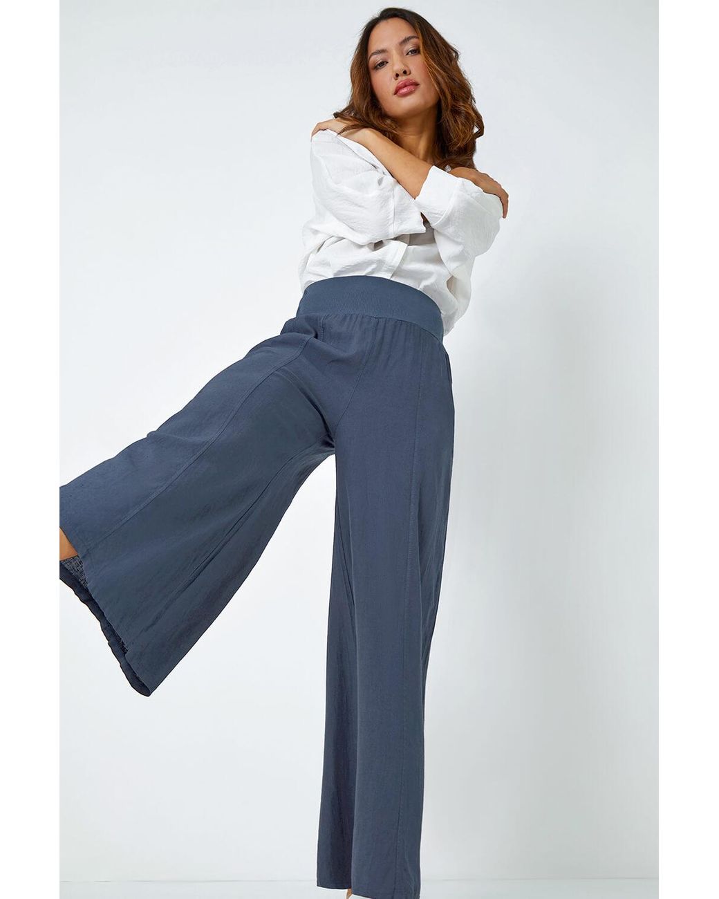 Roman Blue Linen Blend Wide Leg Trousers