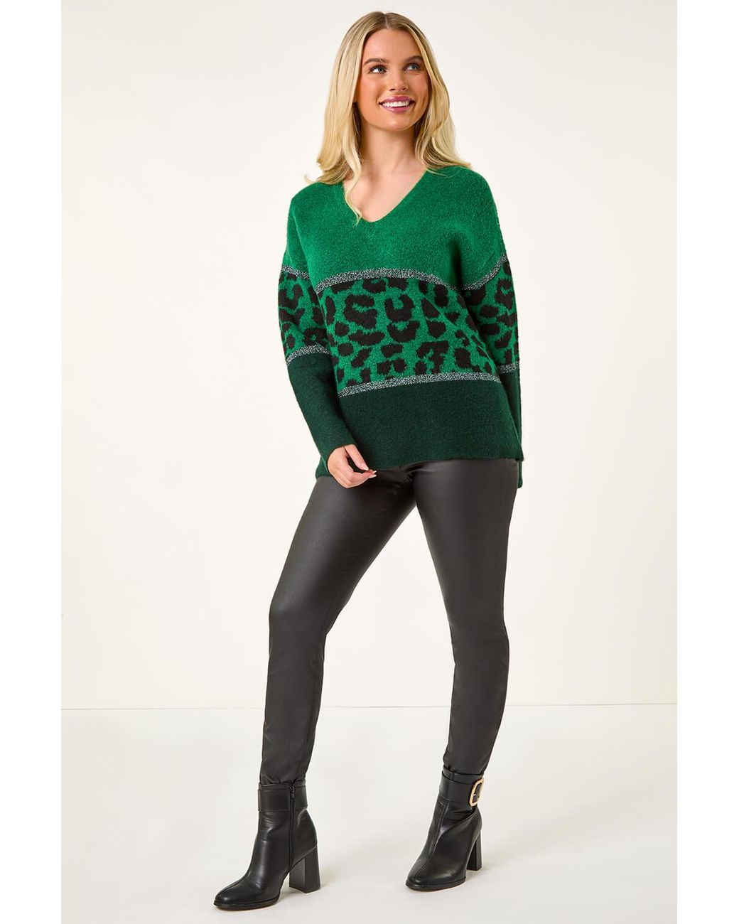 Roman Petite Green Animal Colourblock Stretch Jumper