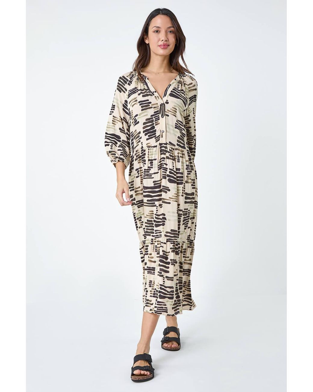 Roman Multicolor Abstract Print Tiered Shirt Dress