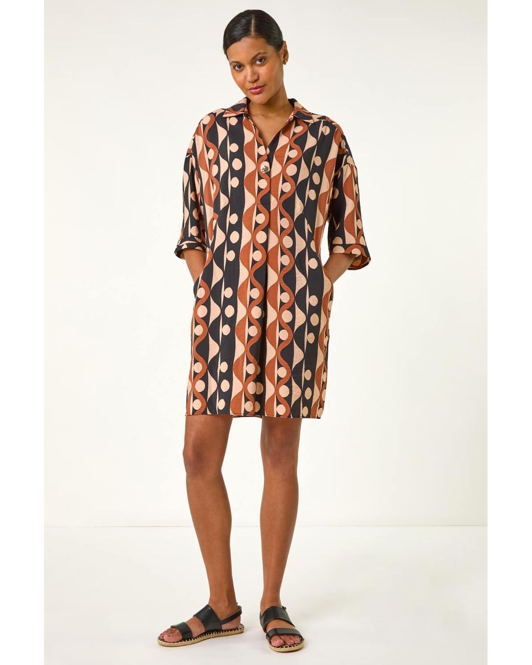 Roman Natural Geometric Collared Shirt Dress