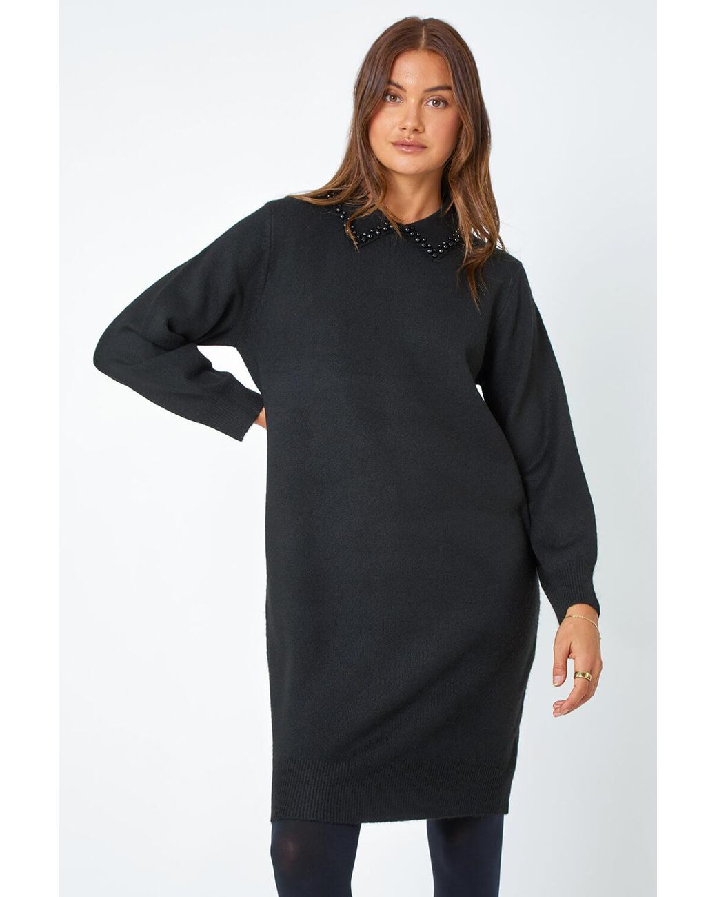 Roman Black Pearl Trim Collar Jumper Stretch Dress